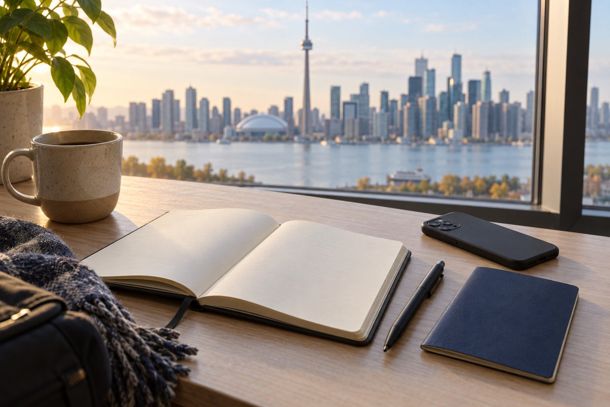 Editorial illustration of a travel notebook and phone overlooking Toronto