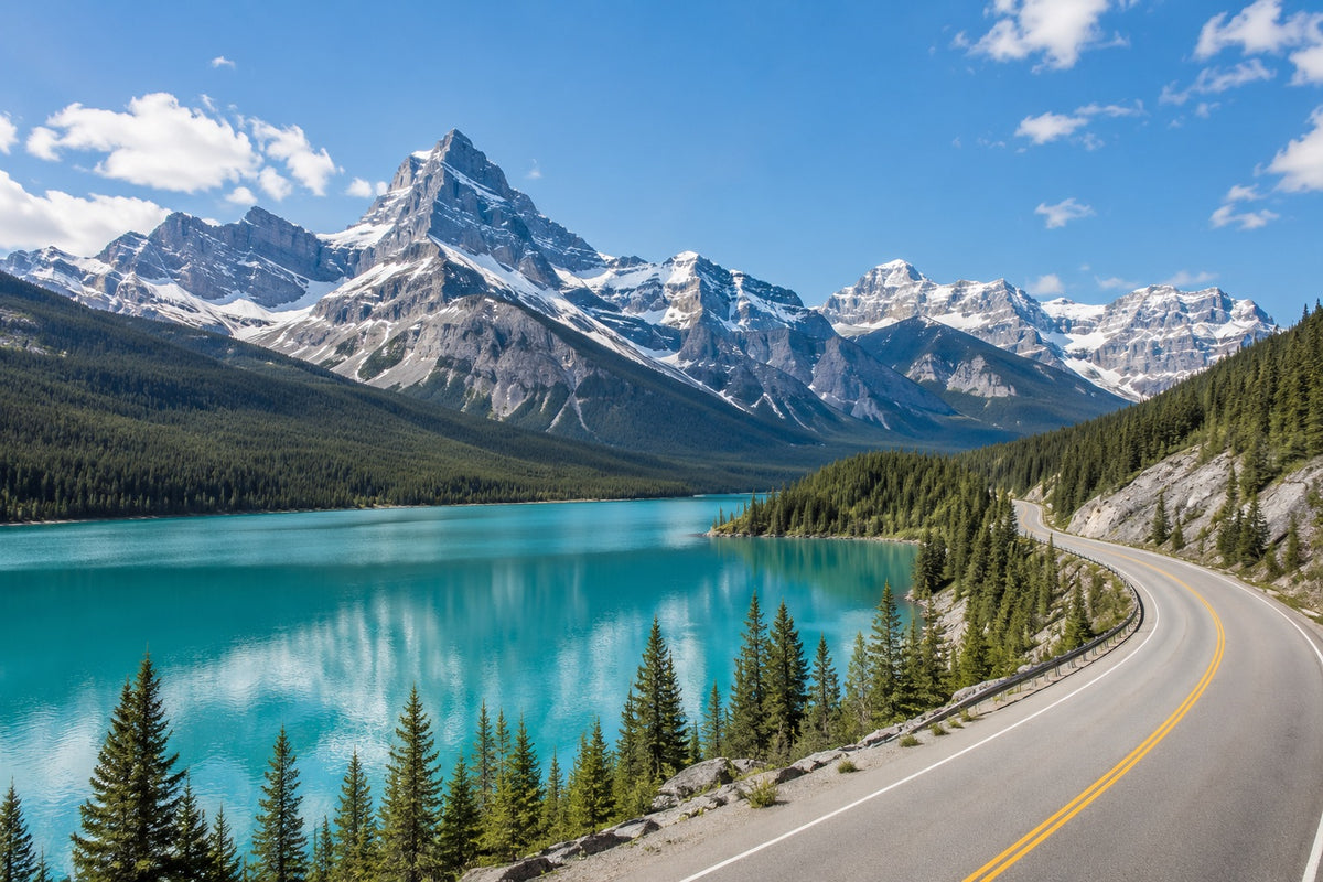 Editorial illustration of a turquoise lake and mountain road in the Canadian Rockies