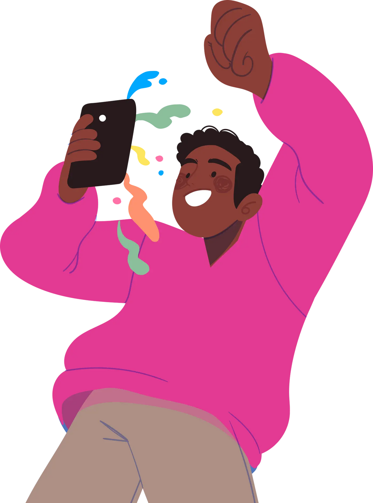 Illustration of a person in a pink sweater holding a smartphone with colorful graphics, on a white background.