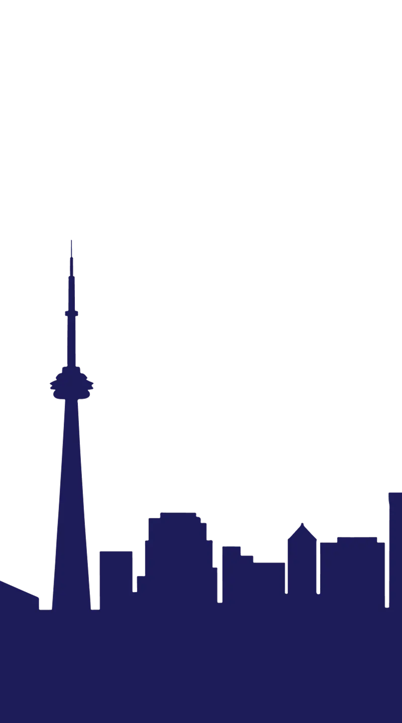 Silhouette of a city skyline with a prominent tower on a white background