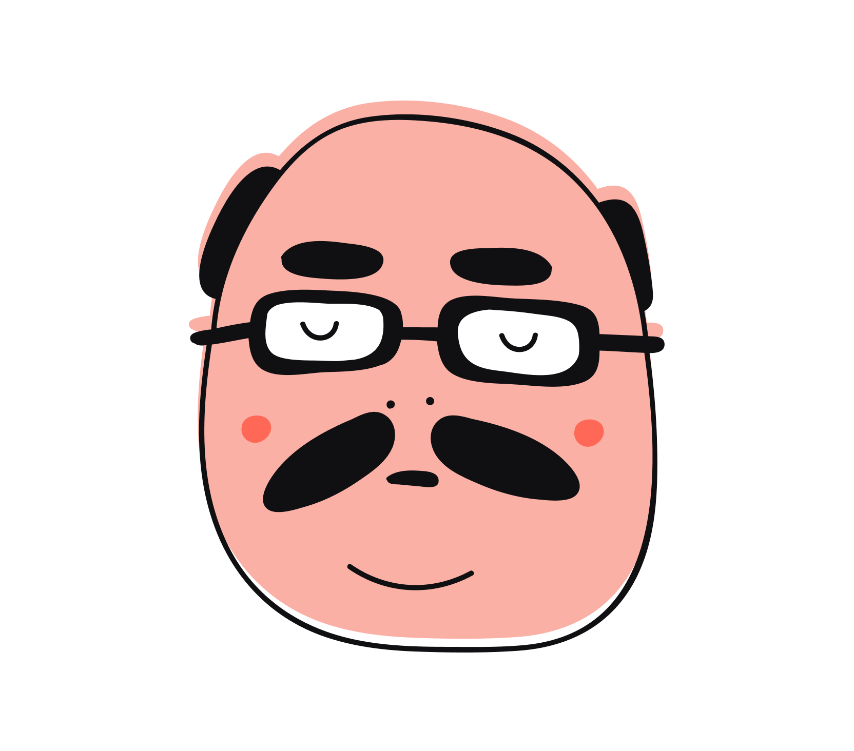 Cartoon-like illustration of a face with glasses and a mustache on a white background
