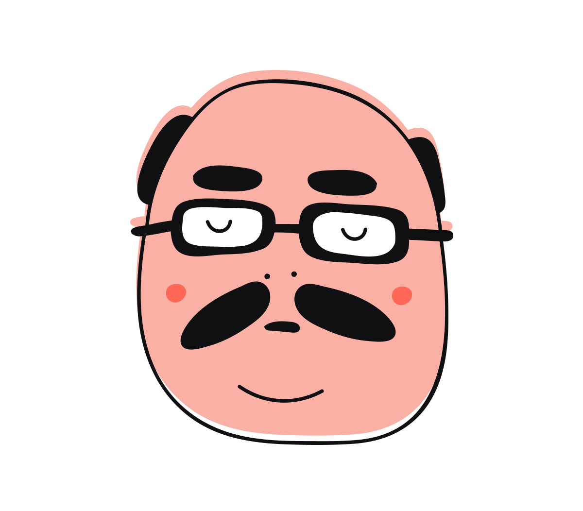 Cartoon-like face with glasses and a mustache on a white background