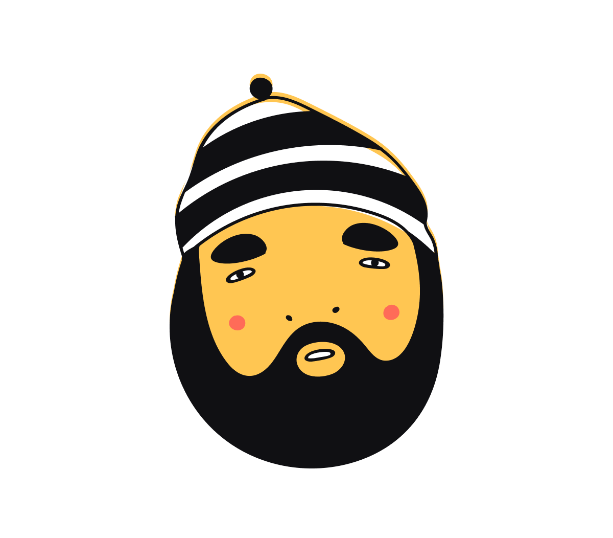Illustration of a face with a black beanie, yellow face, and black beard on a white background