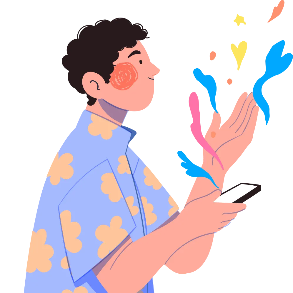 Illustration of a person using a smartphone with colorful graphics on a white background
