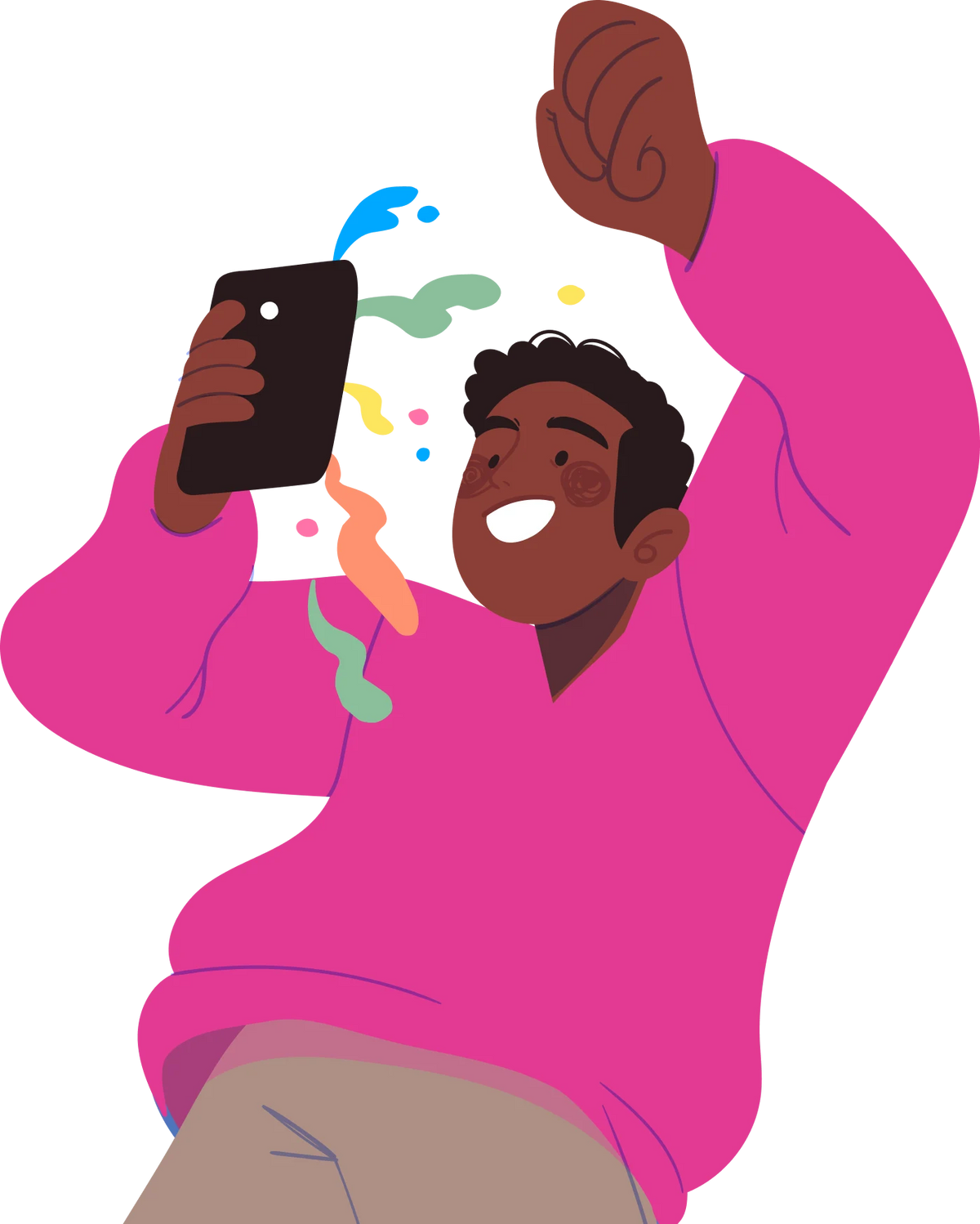 Illustration of a person in a pink shirt holding a smartphone with colorful graphics, on a white background