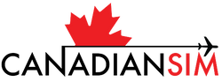 Logo of Canadian Sim with a red maple leaf and black airplane on a white background