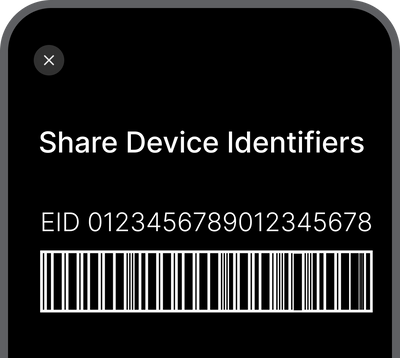Screen displaying 'Share Device Identifiers' with a barcode and EID number on a black background.
