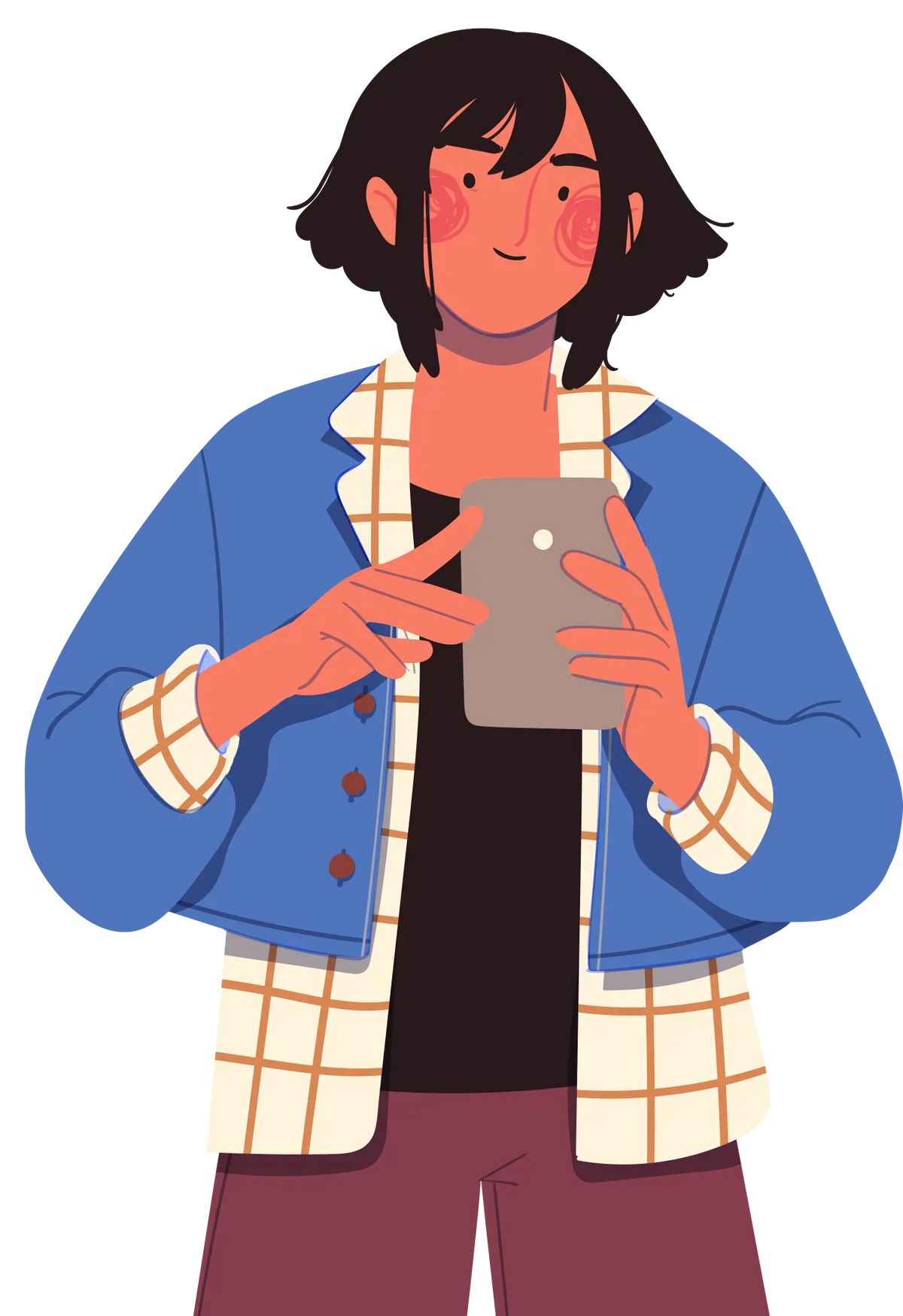 Illustration of a person wearing a blue jacket and using a smartphone on a white background