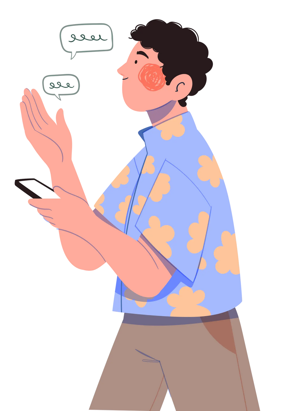 Illustration of a person using a smartphone with speech bubbles indicating communication.