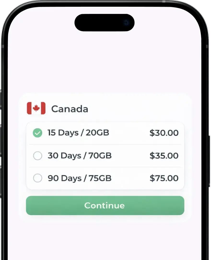 Phone screen displaying a data plan option with Canada as the location.